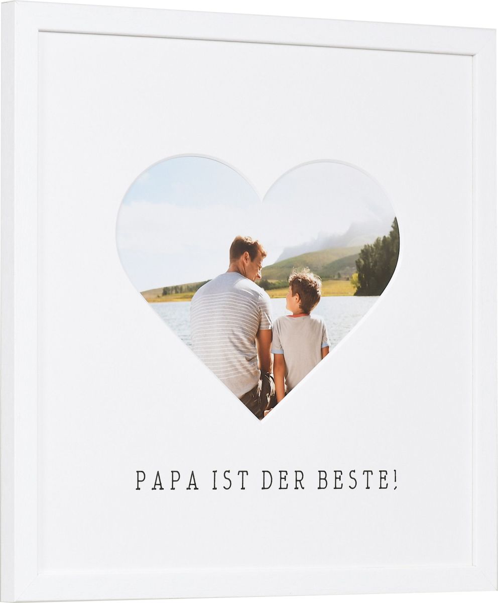 Vista lateral de un marco de fotos con paspartú de corazón para Papá en color blanco